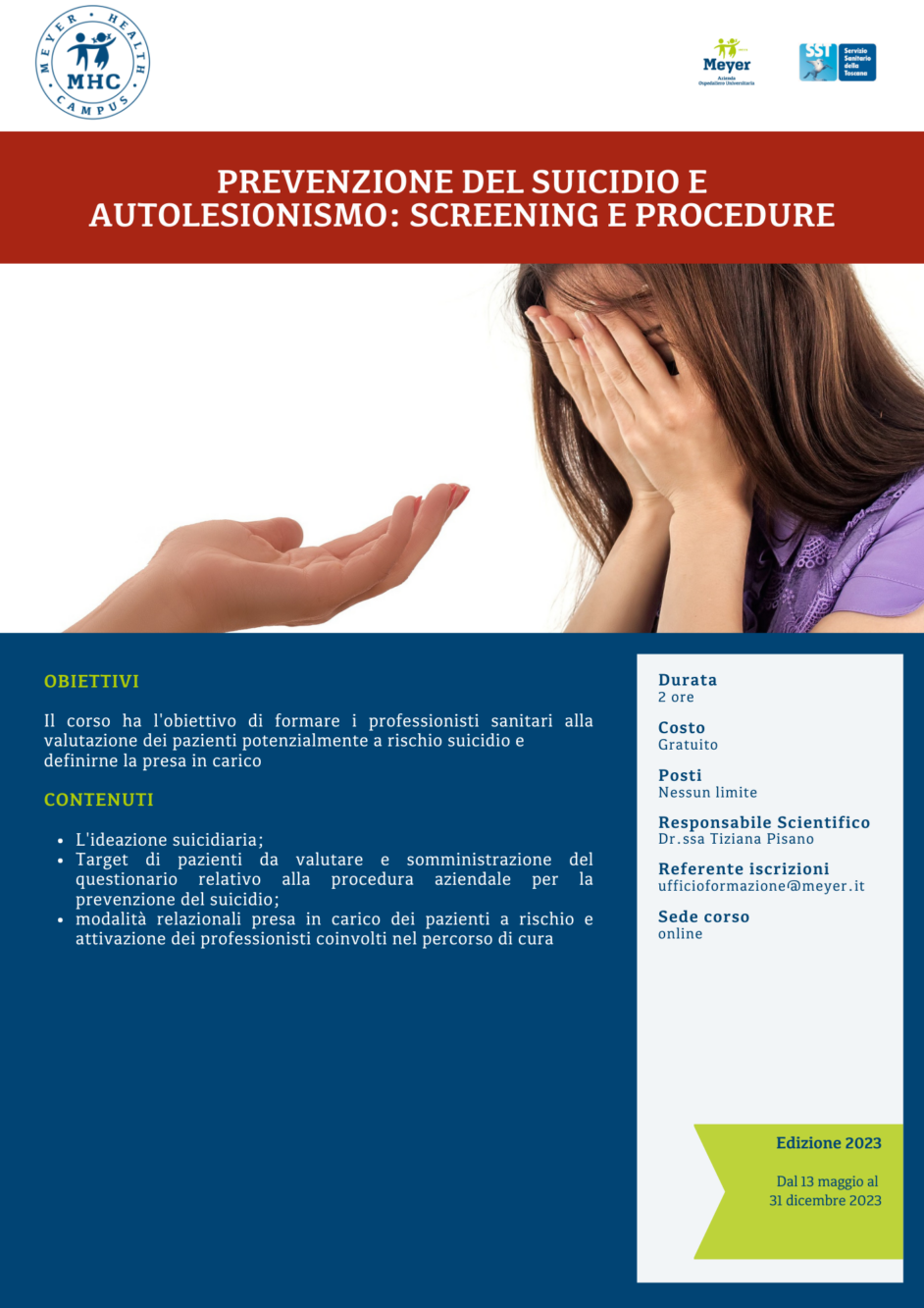 Prevenzione del suicidio e autolesionismo: screening e protocolli di sicurezza (13 maggio-31 dicembre 2023)